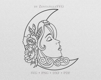 Flower Moon Svg. Moon Face Svg. Half Moon Svg. Cricut, Silhouette cut file. Svg, Png, Dxf files for printing, vinyl cutting, decal, sticker.