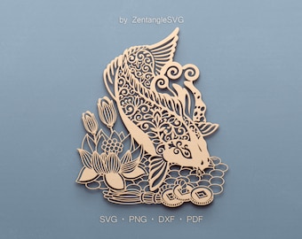 Koi Fish Svg. Digital SVG PNG DXF for laser cut, paper cut, Cricut/Silhouette/Glowforge files. Lotus Flower, Floral, Mandala, Koi Carp Svg.