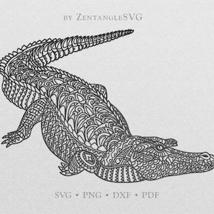 May include: A black and white line art illustration of an alligator with intricate patterns throughout the body. The alligator is facing right and has its mouth closed. The image is on a light gray background.