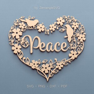Peace Svg Heart. Digital SVG PNG DXF for laser cut, paper cut, Cricut/Silhouette/Glowforge files. Spring, Bird, Floral wreath, Flower wreath