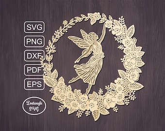Fairy Svg papercut, flowers frame paper cutting, laser cut . Digital template for lasercut, paper cut, Cricut/Silhouette/Glowforge files.