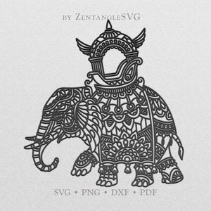 May include: A black and white line art illustration of an elephant with a decorative howdah on its back. The elephant and howdah are intricately detailed with patterns and designs.