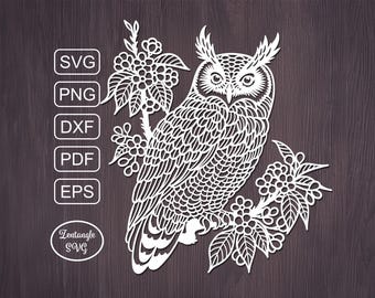 Owl bird Svg papercut, flowers paper cutting, laser cut mandala. Digital template for lasercut, paper cut, Cricut/Silhouette/Glowforge files