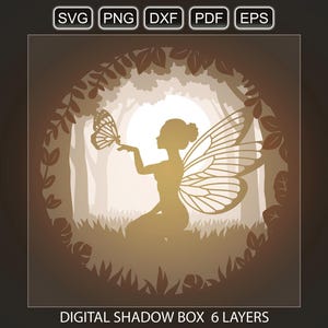 Fairy butterfly light box SVG, 3d layered shadow box lightbox. Digital Cricut Silhouette files for laser cut, paper cut, shadowbox template.