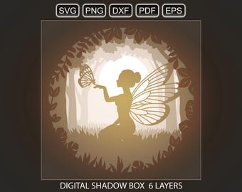 Fairy butterfly light box SVG, 3d layered shadow box lightbox. Digital Cricut Silhouette files for laser cut, paper cut, shadowbox template.