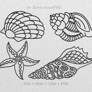 May include: Four black and white line drawings of seashells and a starfish. The seashells are detailed with intricate patterns. The starfish has a circular pattern in the center and a line pattern on the arms. The text "By ZentanglesSVG" appears at the top of the image. The text "SVG - PNG - DXF - PDF" appears at the bottom of the image.