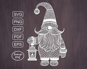 Christmas Gnome Svg papercut, paper cutting, laser cut mandala. Digital template for lasercut, paper cut, Cricut/Silhouette/Glowforge files.