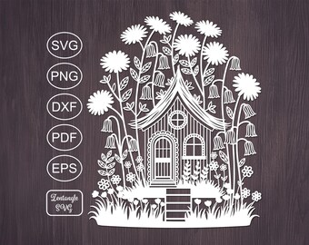 Gnome house Svg papercut, paper cutting, laser cut mandala. Digital template for lasercut, paper cut, Cricut/Silhouette/Glowforge files.