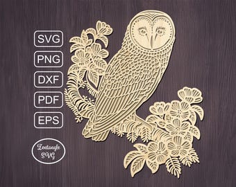 Owl bird Svg papercut, flowers paper cutting, laser cut mandala. Digital template for lasercut, paper cut, Cricut/Silhouette/Glowforge files