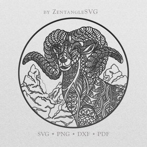 Könnte beinhalten: Schwarz-weiß-Linienkunst-Illustration eines Dickhornschafs mit großen, gekräuselten Hörnern vor einem Hintergrund aus stilisierten Bergen. Das Bild ist in einem Kreis enthalten.