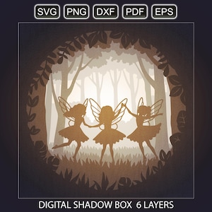 Forest Fairies light box SVG, 3d layered shadow box lightbox. Digital Cricut Silhouette files for laser cut, paper cut, shadowbox template.