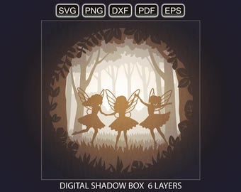 Forest Fairies light box SVG, 3d layered shadow box lightbox. Digital Cricut Silhouette files for laser cut, paper cut, shadowbox template.
