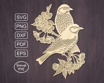 Birds Svg papercut, flowers paper cutting, laser cut mandala. Digital template for lasercut, paper cut, Cricut/Silhouette/Glowforge files.