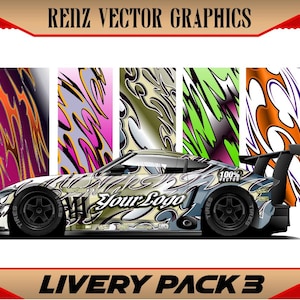 Può includere: Un'auto sportiva argentata con un design a fiamme e la scritta "Your Logo". L'auto ha ruote nere e uno spoiler posteriore. L'immagine include anche il testo "RENZ VECTOR GRAPHICS" e "LIVERY PACK 3".