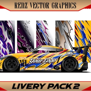 May include: A yellow sports car with a custom livery design featuring blue, purple, and white flame-like graphics. The car has black wheels and a rear spoiler. The text "Your Logo" is visible on the side. The image also includes the text "RENZ VECTOR GRAPHICS" and "LIVERY PACK 2".