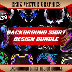 以下が含まれることがあります： RENZ VECTOR GRAPHICS BACKGROUND SHIRT DESIGN BUNDLEというタイトルのデジタルコレクション。青、紫、緑、オレンジなどの鮮やかな色で描かれた、鋭いエッジを持つ様々な抽象的なグラフィックパターンが暗い背景に配置されています。