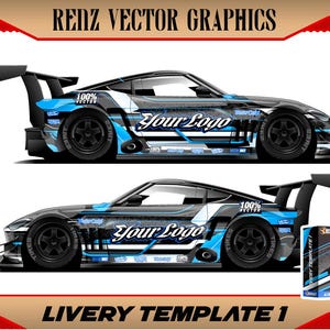 May include: A vector graphic of a black and blue sports car with the text "Your Logo" on the side. The image includes the text "RENZ VECTOR GRAPHICS" and "LIVERY TEMPLATE 1". The car has a spoiler and black wheels.