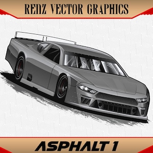 Pode incluir: Ilustração de um carro de corrida cinza com rodas pretas e um spoiler. A imagem inclui o texto "RENZ VECTOR GRAPHICS" na parte superior e "ASPHALT 1" na parte inferior, em um fundo branco com um padrão geométrico.