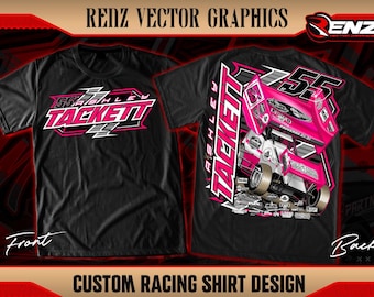 May include: A black t-shirt featuring a custom racing design. The front displays the name ASHLEY TACKETT and number 55 in pink and white. The back shows a detailed graphic of a pink sprint car with the name ASHLEY TACKETT and the number 55.