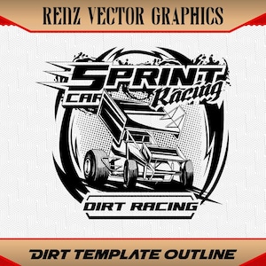 以下が含まれることがあります： 「Sprint Car Racing」と「Dirt Racing」の文字が入った、スプリントカーの白黒グラフィック。デザインは白い背景に赤色のボーダーで、上部には「Renz Vector Graphics」の文字が入っています。