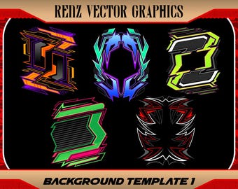 May include: Five vector graphic designs with a futuristic aesthetic. The designs feature geometric shapes and vibrant colours, including orange, purple, green, and blue, set against a black background. The text "RENZ VECTOR GRAPHICS" and "BACKGROUND TEMPLATE 1" are also present.