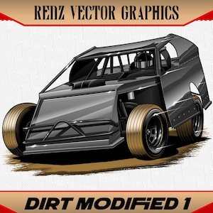 Pode incluir: Ilustração de um carro de corrida dirt modified preto com rodas douradas. O carro tem uma gaiola de proteção e um piloto é visível no interior. O texto "RENZ VECTOR GRAPHICS" está no topo e "DIRT MODIFIED 1" na parte inferior.