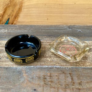 Vintage Casino And Hotel Ashtray Set - Golden Nugget Las Vegas Black Glass & Friendship Inns International Clear Glass Ashtrays - Lot of 2