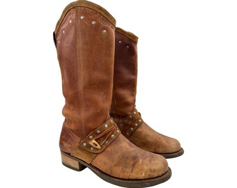 Vintage The ART Brown Leather High Knee Boots Embroidered Size 41