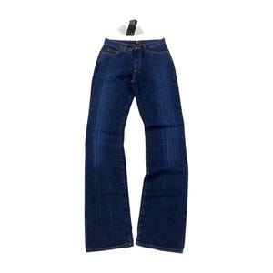 May include: Dark blue denim jeans featuring a straight-leg cut, a classic five-pocket design, a button and zip fly closure, and a visible brand tag attached to the waistband. The fabric displays a subtle vertical wash pattern throughout the legs.