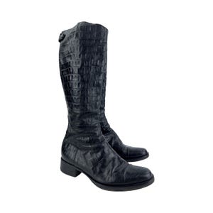 Vintage Max Mara Crocodile Pattern Black Leather High Boots Size 39 Italy Avant Garde
