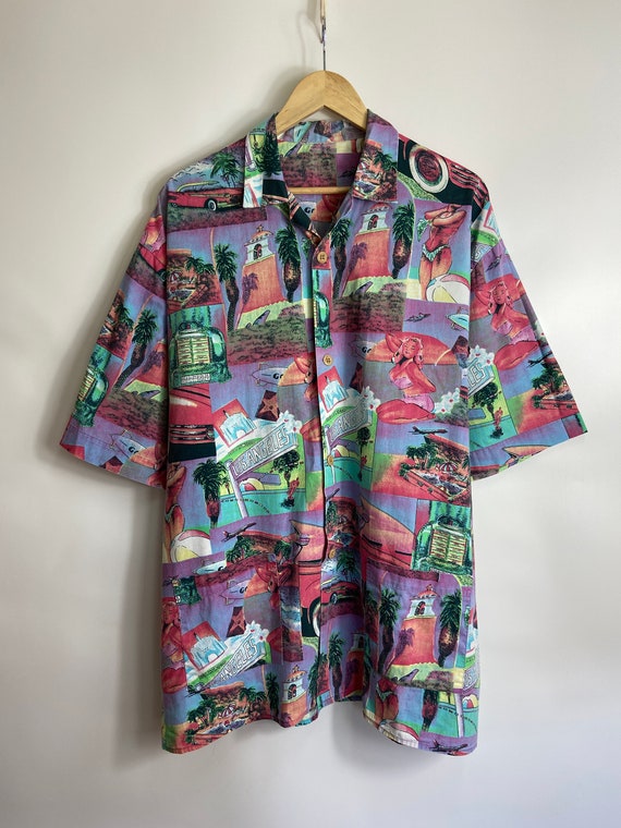 Vintage 80s All over print hawaii style button dow