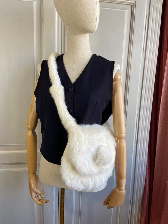 Vintage 80-90s White Crossbody Bag Real Rabbit Fur