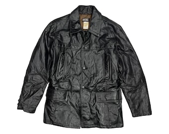 Vintage Diesel Heavy Leather Coat Jackets 4 Pockets Men&#39;s L Oversized Black Color