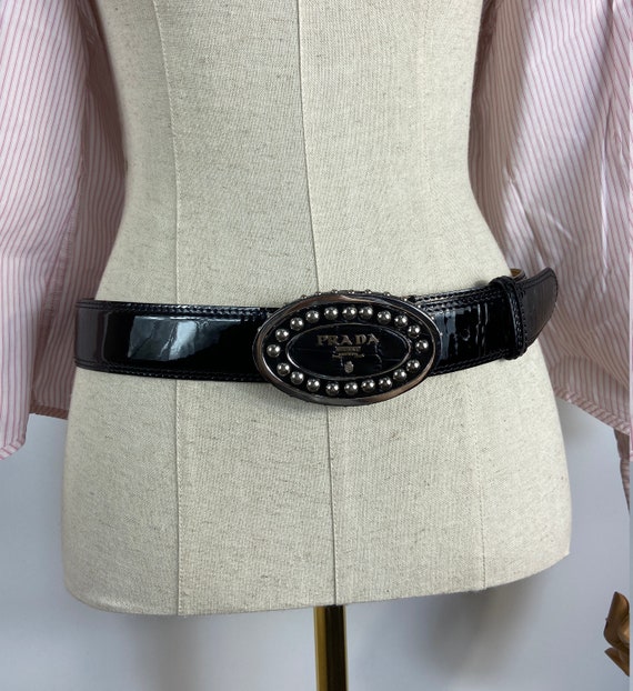 Prada black patent leather belt with logo buckle