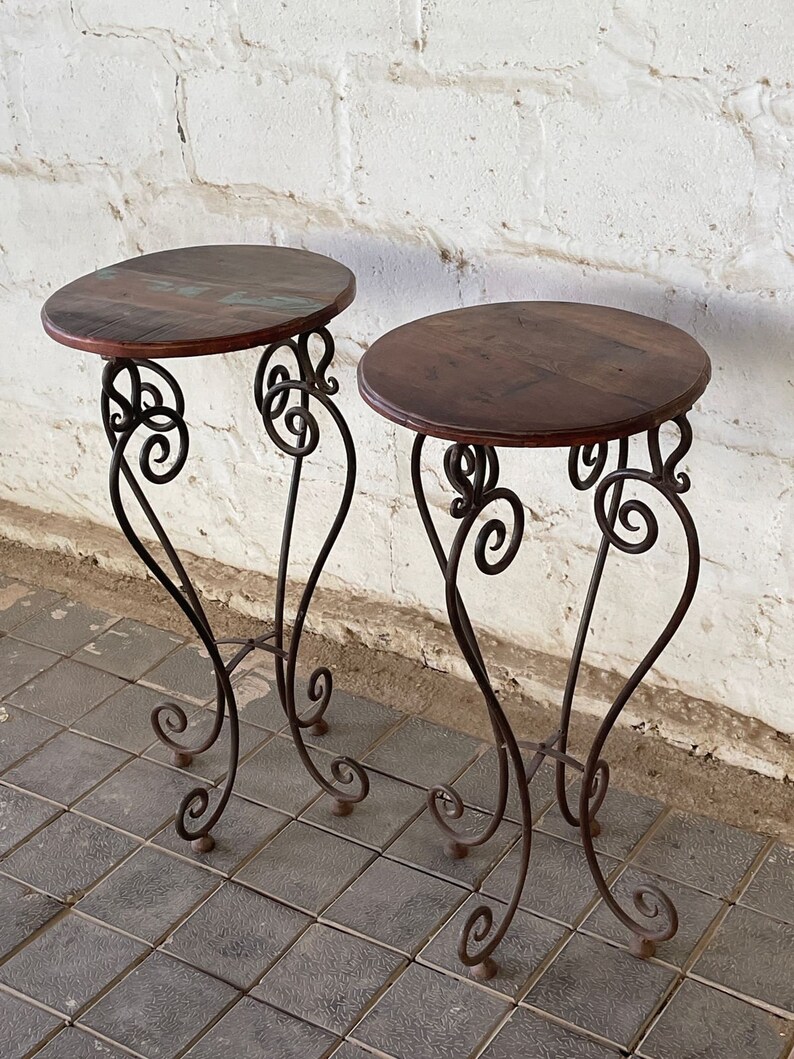 Vintage Rustic Reclaimed Wood Metal Base Side Table Set Of 2 Etsy