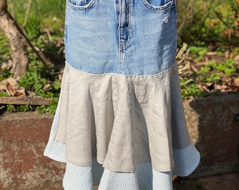 “Nova” Skirt in Upcycled Denim with Patchwork of Recycled Fabrics