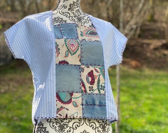 T-shirt "Hana" en Lin/Coton avec Patchwork Jean et Coton Imprimé