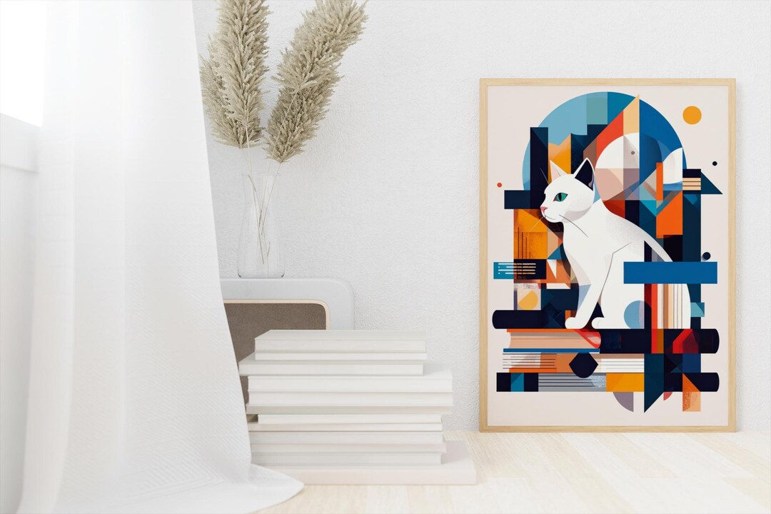 Modern Geometric Cat Art Print | Abstract White Cat Wall Art ...