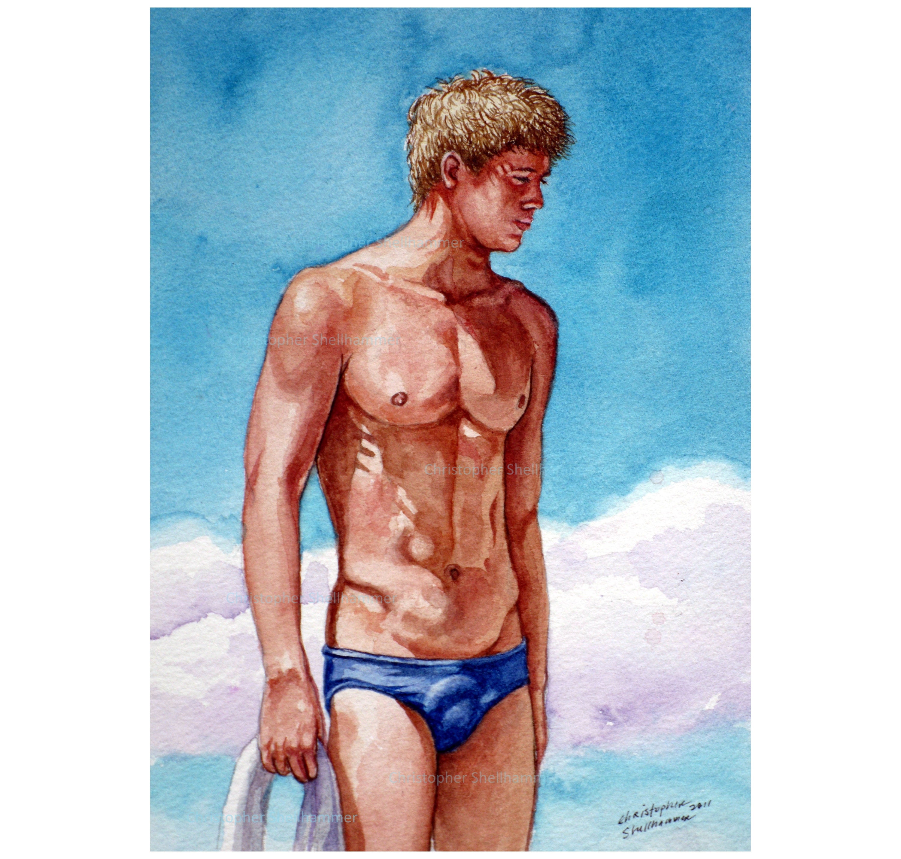 Signed Male Art Print of Blonde Swimmer Speedo 3 Sizes
