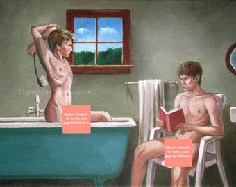 Signed Male Art Print of Scrubbing and reading in 5 Sizes. Pay One Shipping cost, ADD 2nd or more for FREE by Shellhammer. Mature.
