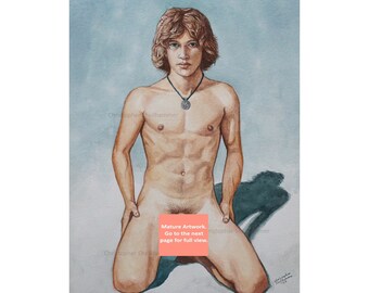 Signed Nude Male Art Print of Male Kneeling in 5 Sizes. Pay One Shipping cost, ADD 2nd or more for FREE by Shellhammer. Mature.