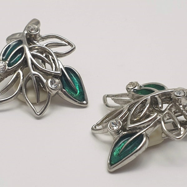 Vintage ORENA PARIS silver tone clip-on earrings with green enamel leaf theme & rhinestones, Floral vintage jewellery, Costume leaf jewelry