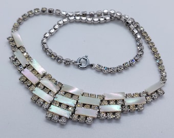 Vintage Mother of Pearl necklace with pave rhinestones, MOP Costume jewelry, Vintage rhinestone jewellery, MOP necklace, Ocean lover jewelry