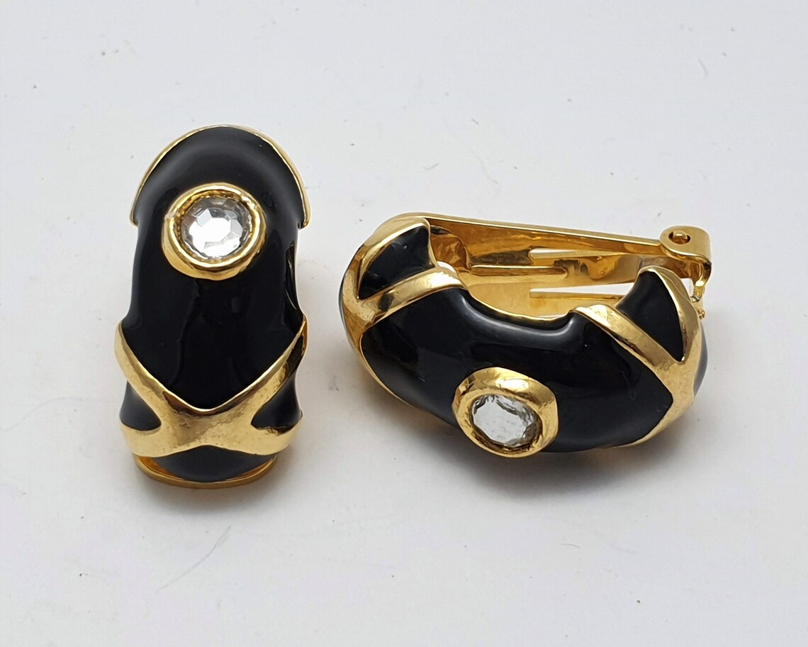 Vintage clip on earrings with black enamel & gold tone and Etsy
