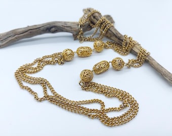 Vintage Triple Strand Gold-Tone Necklace with Filigree Beads, Graduated Strands, Ornate Filigree Beads, Layered Statement Evening Jewellery