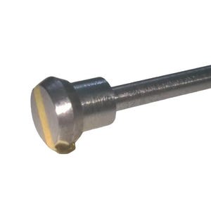 May include: A metal pin with a cylindrical shaft and a faceted head. The head has a silver finish with a gold-coloured stripe. The pin is designed for a specific mechanical or structural purpose.