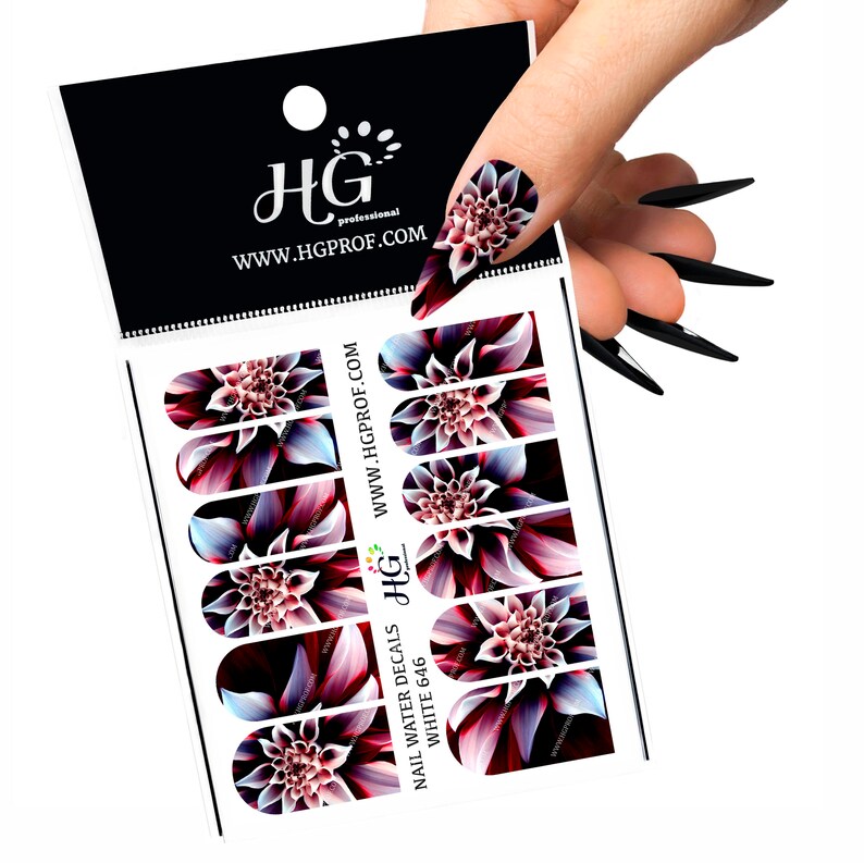 May include: Nail water decals with a floral design in shades of pink, purple, and blue. The decals are on a white background and feature the text "NAIL WATER DECALS WHITE 646".