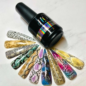 Op de afbeelding: Een flesje met heldere nagellak met een zwarte dop en een holografisch etiket met de tekst "Foil Transfer Gel". De fles is omringd door 12 nageltips met verschillende slangenhuidpatronen in verschillende kleuren, waaronder zwart, wit, bruin, paars, blauw en groen.