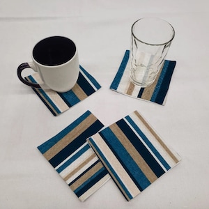 Blue Khaki Beige Stripes Coasters (Set of 4)