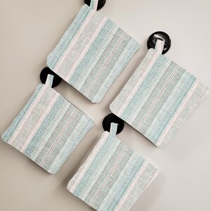 Teal Green Gray Beige Stripes Pot Holders (Set of 4)